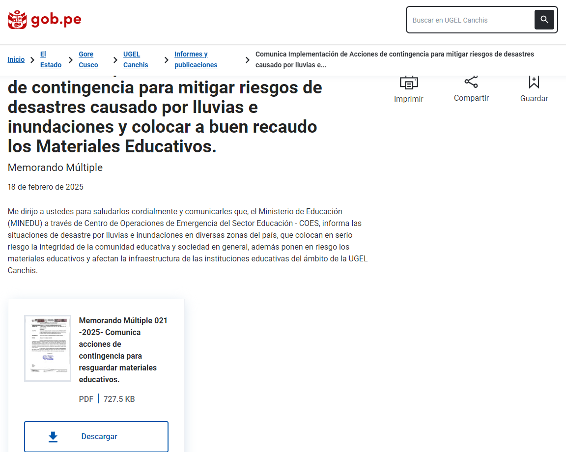 Comunica Implementación de Acciones de contingencia para mitigar riesgos de desastres causado por lluvias e inundaciones y colocar a buen recaudo los Materiales Educativos.